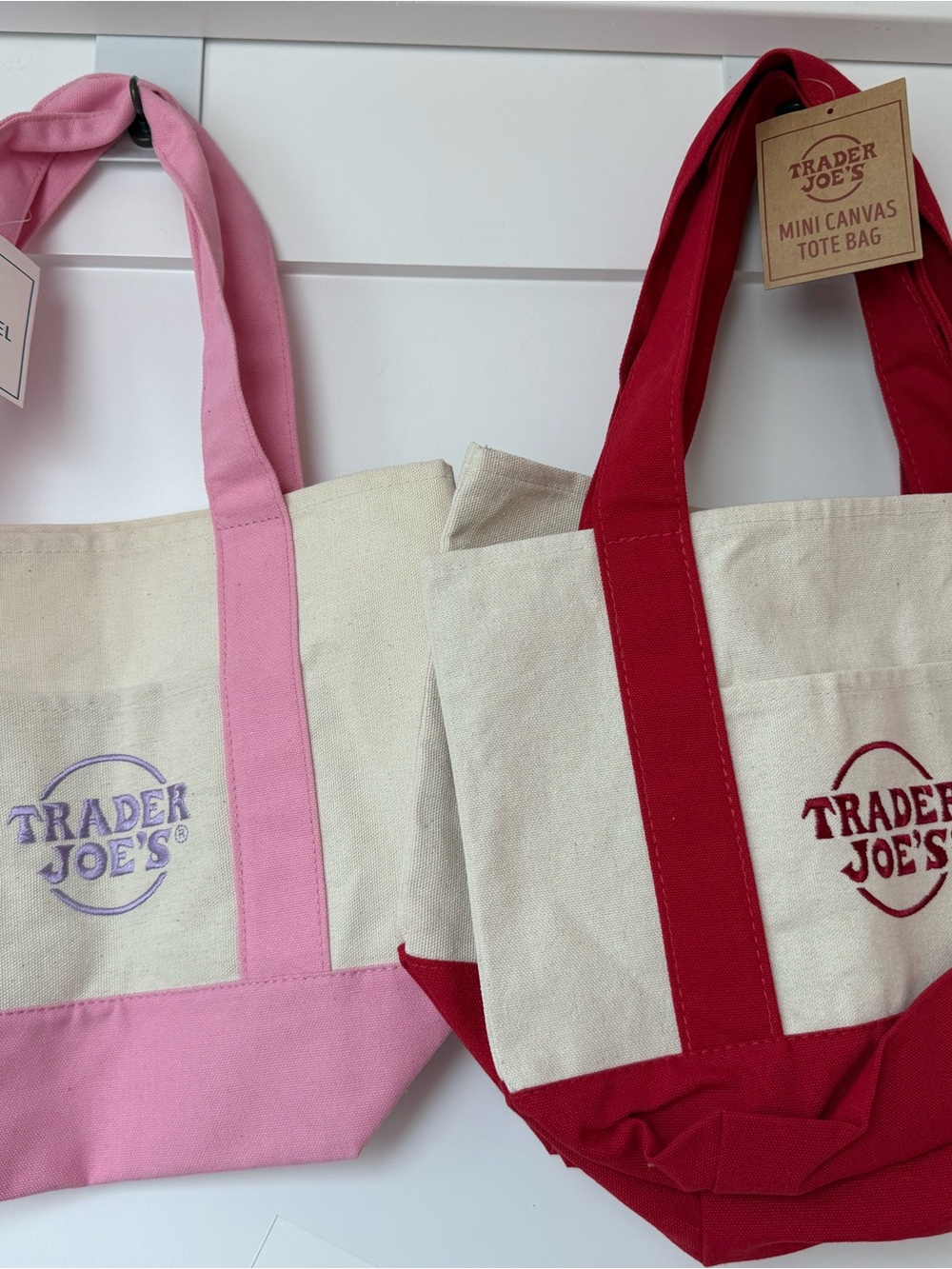 Lot of 3 Trader Joe’s Mini Canvas Tote Bag 2 Red 1 Pink Pastel Brand New! HTF!